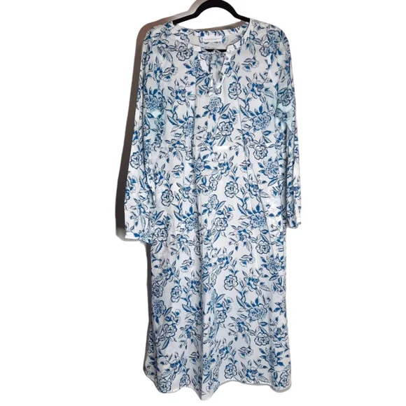 J.JILL Floral Cabana Dress Blue & White Boho Beach Organic Cotton Resort Vacay M - Picture 2 of 12